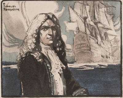 dessin représentant un homme en costume de pirate debout devant un bateau