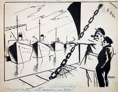 drawing of a man on a boat with a trumpet and a ship in the background