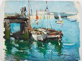 a painting of a man standing on a boat in the water