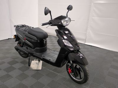 the motor scooter is parked on the floor in the garage