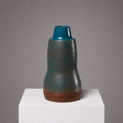 un vase bleu posé sur un socle blanc