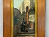 an oil painting of two men sitting on a set of stairs