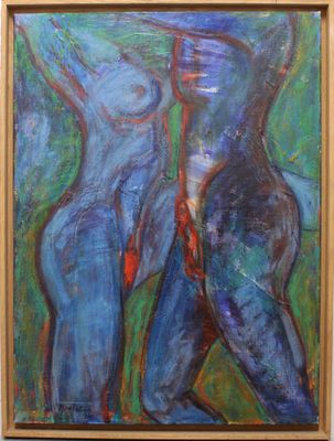 an oil painting of two people standing next to each other