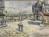 a painting of a man and a woman walking down the street