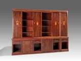 a large wooden bookcase with two doors and drawers