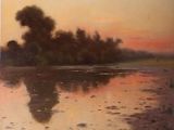 une image d'un tableau représentant un coucher de soleil sur une étendue d'eau