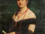 an old painting of a woman in a black dress holding a book