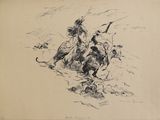 dessin représentant un homme à cheval avec un chien sur le dos