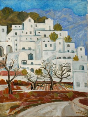 une peinture à l'huile représentant un bâtiment blanc, avec des arbres et un chemin de terre au premier plan
