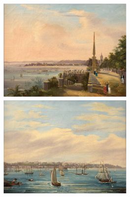deux tableaux représentant une vue de ville et un plan d'eau