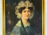 portrait d'une femme en robe bleue, coiffée d'un chapeau blanc à volants