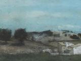an oil painting of a house on a hill with a sky background