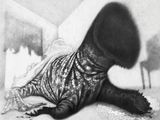 black and white drawing of a dog laying on the floor wearing a sweater