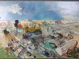 a painting of a painting of a train on the tracks