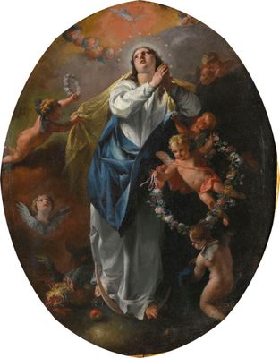 un tableau ovale représentant une femme entourée d'anges et de chérubins