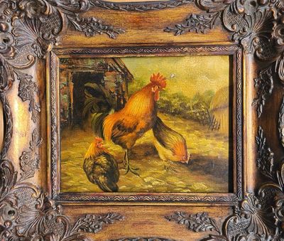 a picture of a painting of a rooster in a wood frame