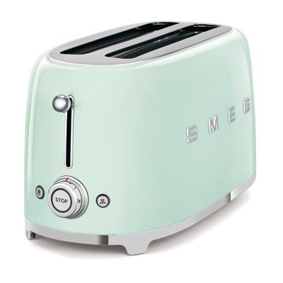 un grille-pain vert menthe sur fond blanc, portant l'inscription « Smeg »