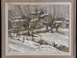 une image représentant un tableau représentant un paysage enneigé avec une maison en arrière-plan
