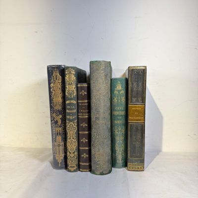 Plusieurs vieux livres sont alignés sur une étagère devant un mur blanc