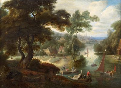 tableau représentant une scène fluviale avec un village au loin