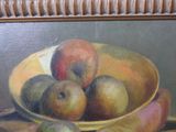 a painting of apples in a bowl on a table