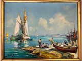 un tableau représentant des bateaux sur l'eau et des personnes sur la rive