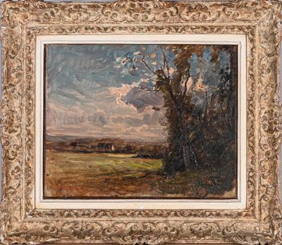 une peinture à l'huile représentant un paysage avec des arbres et des nuages