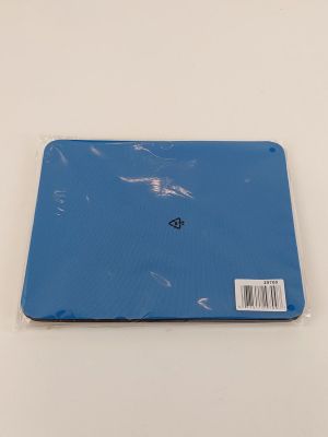 the back of a blue laptop computer sitting on top of a white table