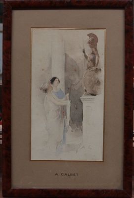painting of a woman holding a vase in front of a statue