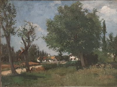 a picture of a painting of a country road