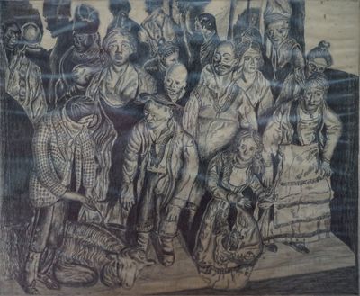 dessin représentant un groupe de personnes assises sur un quai devant un bâtiment