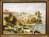 an oil painting of a boat on the shore of a lake