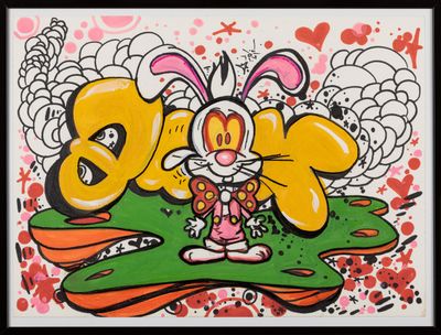 painting of a cartoon bunny with a flower in front of a graffiti wall