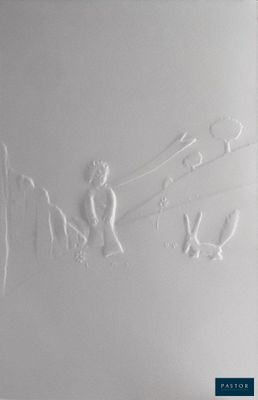 a close up of a white plate with a drawing on it