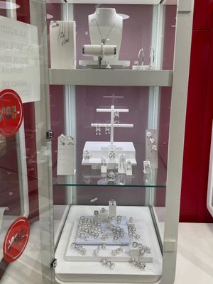 a glass display case with a lot of jewelry inside of it