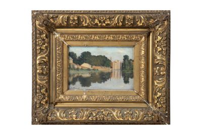 une peinture représentant une image d'un lac avec un bâtiment en arrière-plan