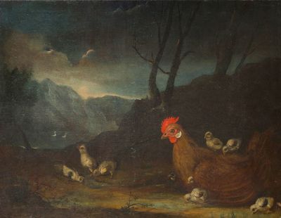 Peinture représentant une poule et ses poussins dans un paysage avec une montagne en arrière-plan