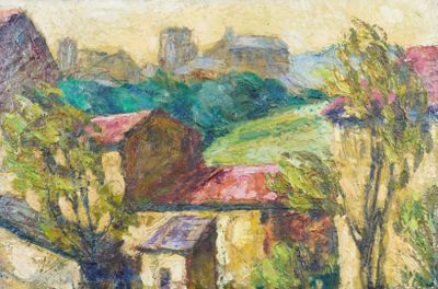 une peinture à l'huile représentant un village avec un toit rouge et un champ vert
