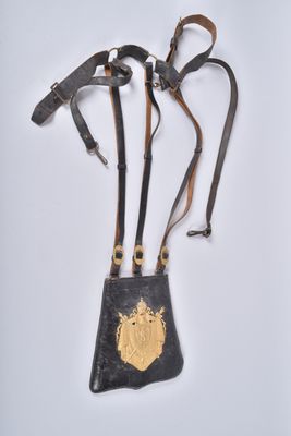 a black purse with a gold emblem on the front and a brown strap