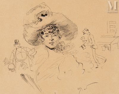 drawing of a woman in a large hat with other people in the background