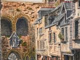 a painting of a city street with buildings and a clock tower