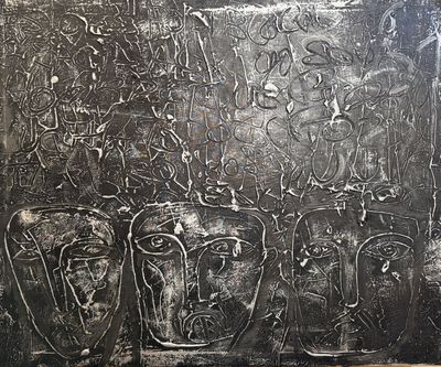 a black and white painting of a group of people