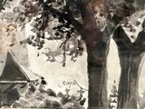 a picture of a painting of a tree and a building