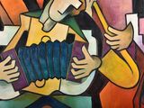 a painting of a man playing an accordion on the street