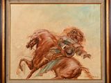 une peinture à l'huile représentant un homme à cheval, dans un cadre marron