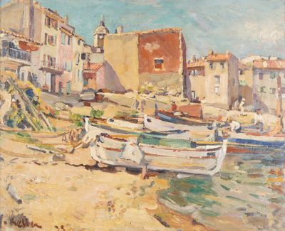 a painting of boats on the shore of a town