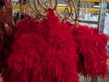 de nombreuses plumes rouges suspendues à un support dans un magasin