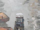 a painting of a boat in the water next to a building