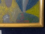 a painting of a woman in a yellow dress on a blue background