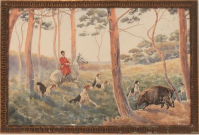 un tableau représentant un homme à cheval dans les bois
